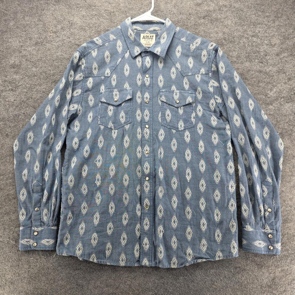 Ariat Shirt Mens L Blue Geometric Chambray Long Sleeve Button Up Classic Fit